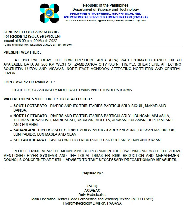 dost_pagasa's tweet photo. General Flood Advisories (GFAs)
Issued @ 6PM, 09 March 2022
Region 4B (MIMAROPA) -#GFA3
Region 9 (Zamboanga Peninsula) - #GFA6
Region 12 (SOCCKSARGEN) - #GFA5
BARMM - #GFA5 https://t.co/t5ie8e2grN