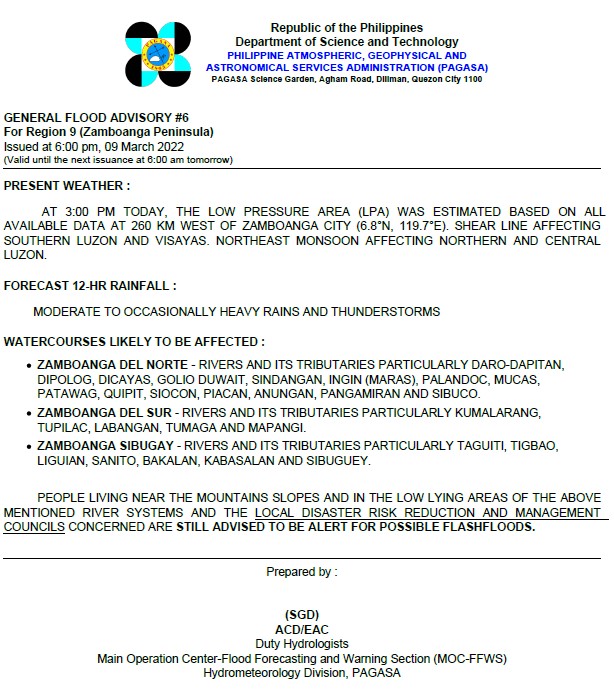 dost_pagasa's tweet photo. General Flood Advisories (GFAs)
Issued @ 6PM, 09 March 2022
Region 4B (MIMAROPA) -#GFA3
Region 9 (Zamboanga Peninsula) - #GFA6
Region 12 (SOCCKSARGEN) - #GFA5
BARMM - #GFA5 https://t.co/t5ie8e2grN