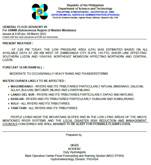 dost_pagasa's tweet photo. General Flood Advisories (GFAs)
Issued @ 6PM, 09 March 2022
Region 4B (MIMAROPA) -#GFA3
Region 9 (Zamboanga Peninsula) - #GFA6
Region 12 (SOCCKSARGEN) - #GFA5
BARMM - #GFA5 https://t.co/t5ie8e2grN
