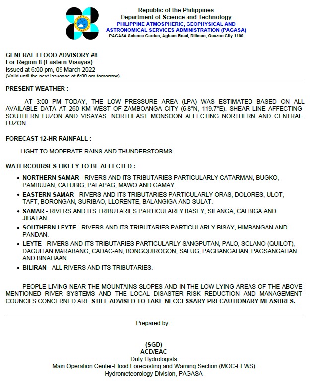 dost_pagasa's tweet photo. General Flood Advisories (GFAs) - 2/2
Issued @ 6PM, 09 March 2022
Region 8 (Eastern Visayas) - #GFA8
Region 10 (Northern Mindanao) - #GFA7
Region 13 (CARAGA) - #GFA10 https://t.co/58RitpPBgK