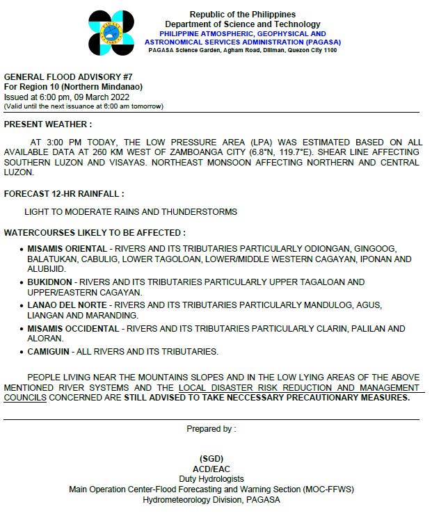 dost_pagasa's tweet photo. General Flood Advisories (GFAs) - 2/2
Issued @ 6PM, 09 March 2022
Region 8 (Eastern Visayas) - #GFA8
Region 10 (Northern Mindanao) - #GFA7
Region 13 (CARAGA) - #GFA10 https://t.co/58RitpPBgK