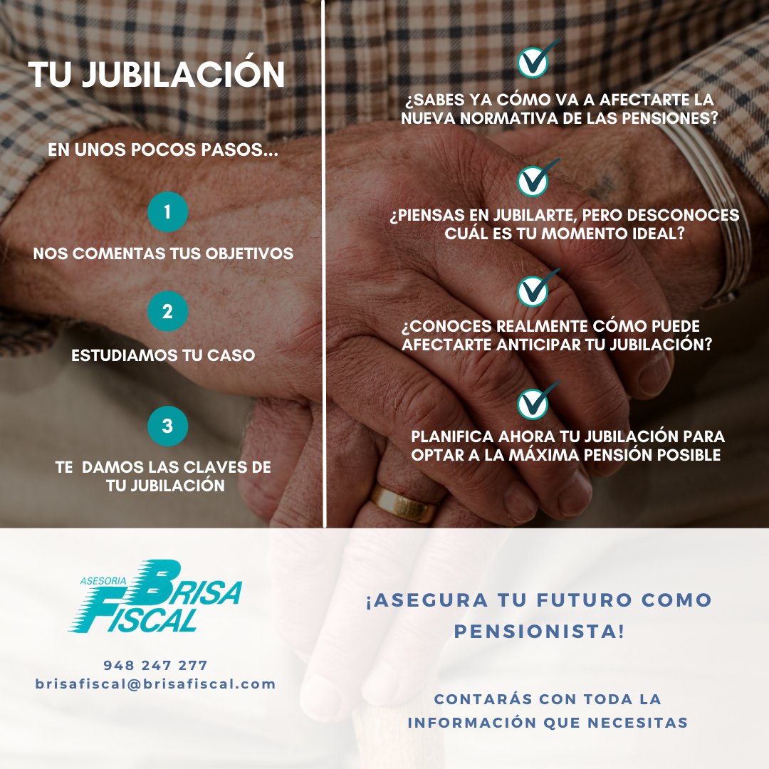 BRISAFISCAL's tweet image. Muchas personas sienten la necesidad de conocer las implicaciones que pueden tener los últimos cambios normativos en su futura pensión de jubilación.

Si quieres que te ayudemos a ti también, no dudes en llamarnos al 948 24 72 77 y concertar tu cita. 

¡Te esperamos!