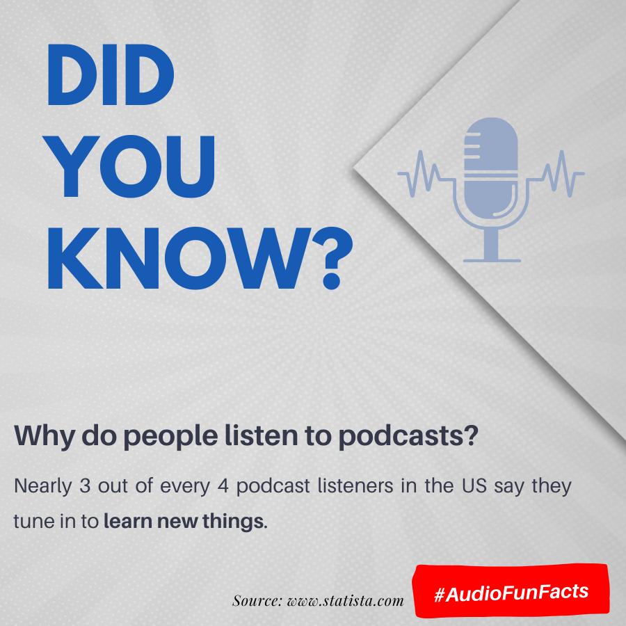 Podcasts have a lot to offer. 🔥🔥🔥

But on the top of the list is education😎. Podcasts are also a form of entertainment, a source of news and inspiration for listeners. 
----------------------------
#DAVID #ListeningInAction #softwarecompany #audio #radio #podcast #funfacts