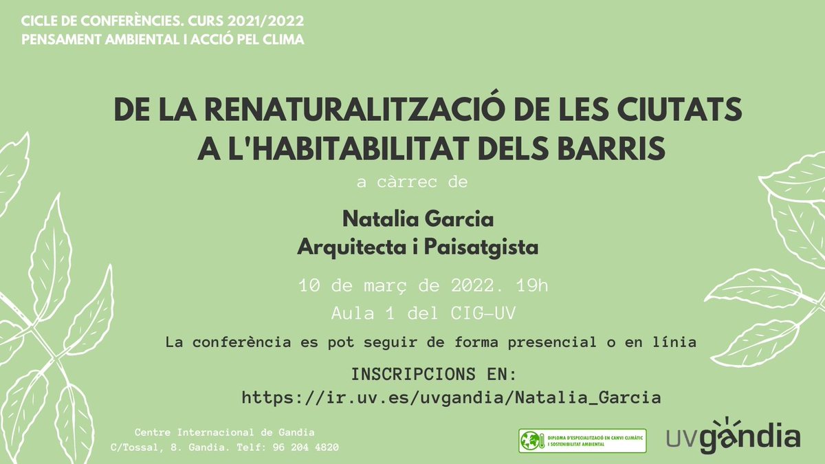 UVgandia's tweet photo. Demà dijous tenim una nova cita amb el cicle de conferències sobre PENSAMENT AMBIENTAL I ACCIÓ PEL CLIMA.
@natagafe ens parlarà sobre l'habitabilitat dels barris.

⏰19h
🎟️presencial o en línia: https://t.co/9BG0ALhj50 https://t.co/NhDMuvjDwO