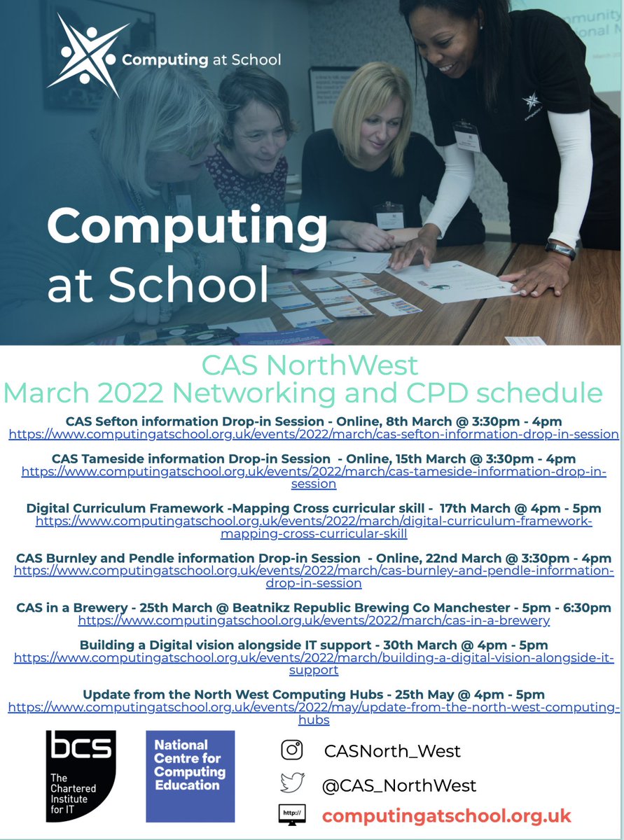 CAS_NorthWest's tweet image. Please Join one of the Computing at School North West networking and CPD events this March  #Free_CS_CPD 
create.piktochart.com/output/5671098… @TSHubsBF @Star_Inst @ComputingHubGM  @ComputingHub @ComputingHubMW @ComputingHubFT