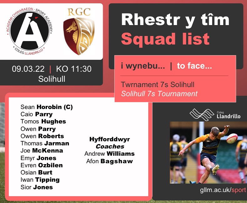 📣CYHOEDDIAD CARFAN 📣
📣SQUAD ANNOUNCEMENT 📣 

Twrnament 7️⃣s Solihull 🏉
Solihull 7️⃣s Tournament 

@RygbiLlandrillo 
🆚

Gemau Grŵp 🏉 Group Games 
11:30 - Denstone College
12:30 - Bishop Veseys
13:30 - Old Swinford Hospital

📍 <a href="/SolihullSport/">Solihull Sport</a> 
🏉 11:30
🗓 9/3/2022

Pob Lwc 💪
