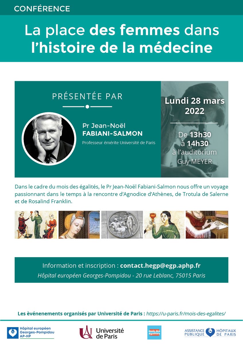 HopitalPompidou's tweet photo. [Mois de l'égalité] Nous avons le plaisir d'accueillir @HopitalPompidou @APHP  le Pr Jean-Noël Fabiani-Salmon pour un passionnant voyage dans le temps "La place des femmes dans l'histoire de la médecine" @clairecarette @UP_Medecine 
Inscription:contact.hegp@egp.aphp.fr https://t.co/bInwfFXicT