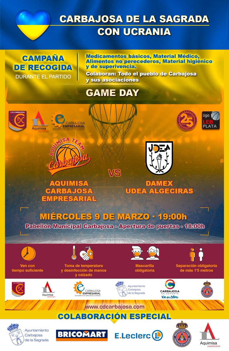 📣GAME DAY| #LEBPLATA| Grupo Oeste. Jr 2️⃣1️⃣

AQUIMISA CARBAJOSA EMPRESARIAL 🆚 <a href="/udeaalgeciras/">Damex UDEA Algeciras</a> 

⏱ 19:00h
🏟 Carbajosa Arena
📺 Síguelo en directo en #CanalFebTV 

Recogeremos material con destino a #Ucrania🇺🇦 Antes y durante el partido.

1️⃣2️⃣3️⃣…JUNTOS‼️

#AquiNoSeRindeNadie