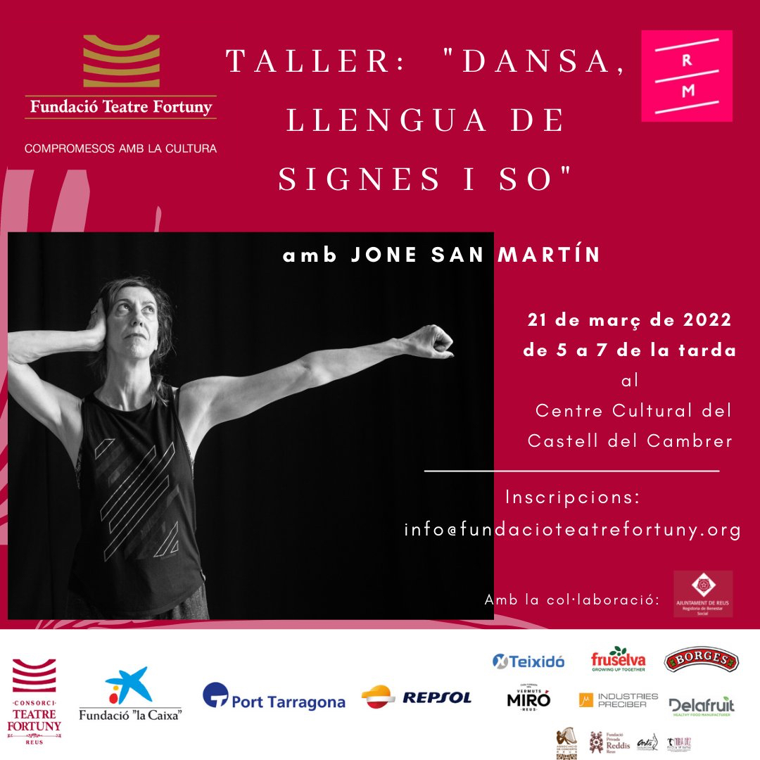 ReusCultura's tweet image. ✨ Taller per majors de 14 anys "Dansa, llengua de signes i so", a càrrec de Jone San Martín, ballarina, coreògrafa i membre del jurat del Premi Roseta Mauri.
📆  Dilluns 21/03 de 17 a 19h al Centre Cultural del Castell del Cambrer.
👉 Inscripcions: info@fundacioteatrefortuny.org
