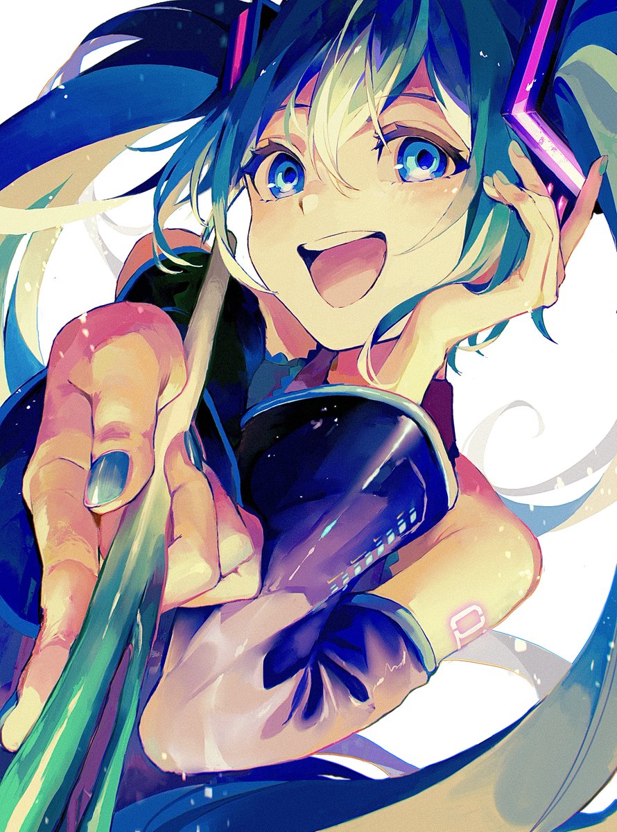 hatsune miku 1girl solo twintails long hair detached sleeves open mouth smile  illustration images