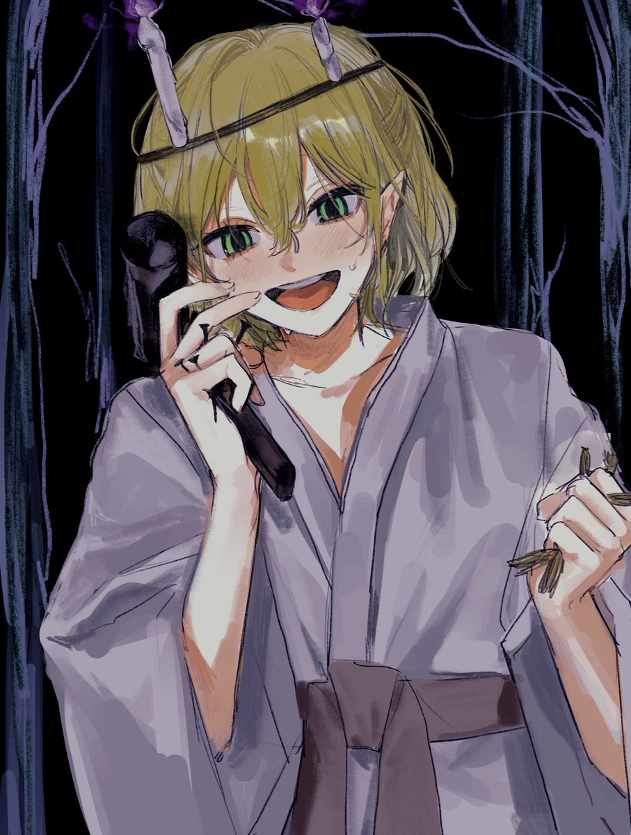 candle closed eyes solo blonde hair open mouth smile pointy ears  illustration images