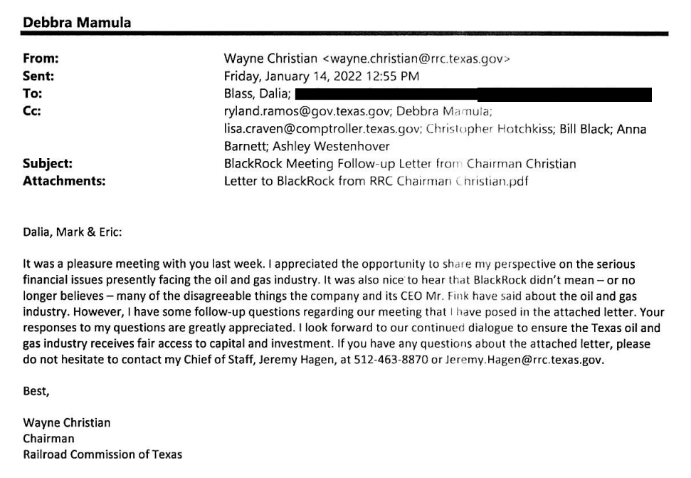 InfluenceMap's tweet image. #NEWS: The Texas oil regulator met @BlackRock reps earlier this year amid concerns about CEO Larry Fink's push to decarbonize the economy.

In a subsequent letter, the regulator said it was “nice to hear" that BlackRock didn’t mean what it said about the oil and gas sector: