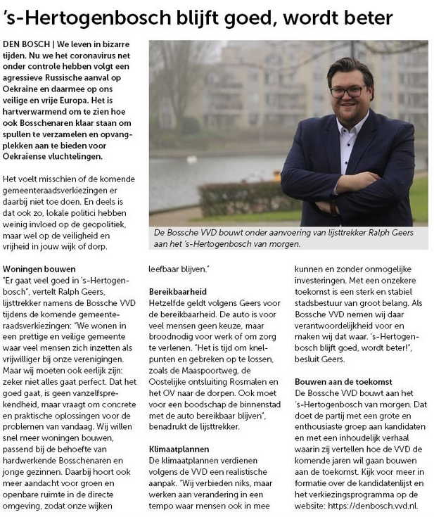bosschevvd's tweet photo. Vandaag in @BosscheOmroep: onze lijsttrekker @RalphGeers over passend bouwen in 's-Hertogenbosch, de bereikbaarheid van onze wijken en het nemen van verantwoordelijkheid in onzekere tijden. 👇 https://t.co/2CYgrqrTGh