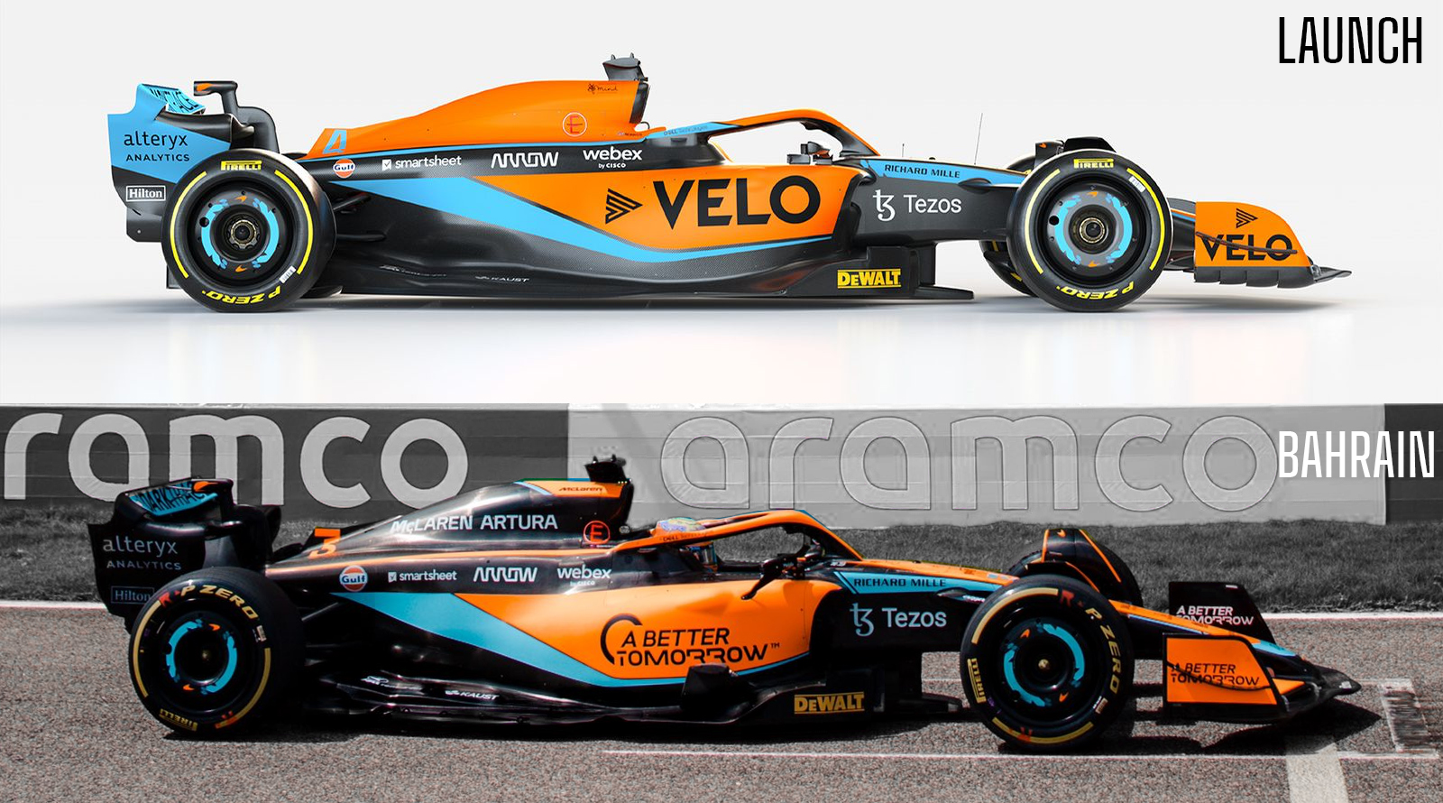 Decalspotters on X: "A comparison between McLaren's 2022 launch livery and  the one used in the filming day in Bahrain. #McLaren #F1 #F1Testing  https://t.co/vp7HHb82V6" / X