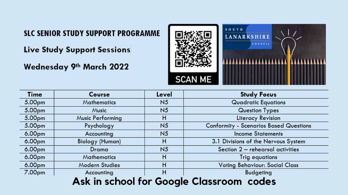 *SLC Senior Study Support Wednesday 9th March* Please see below for the fantastic sessions on offer this evening. It's not too late to join! @EducationSLC #studysupport #virtualstudy #itsSLC