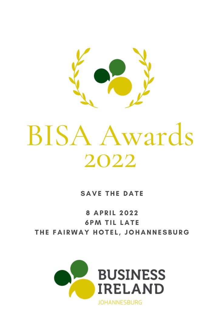 Business Ireland Southern Africa (@bisajoburg) on Twitter photo SAVE THE DATE - 8th April, 6pm @ The Fairway Hotel, Johannesburg
The Johannesburg Chapter brings you the Business Ireland Southern Africa Awards 2022 in association with <a href="/InvestNI_IMEA/">InvestNI IMEA</a> SAVE THE DATE - 8th April, 6pm @ The Fairway Hotel, Johannesburg
The Johannesburg Chapter brings you the Business Ireland Southern Africa Awards 2022 in association with <a href="/InvestNI_IMEA/">InvestNI IMEA</a>