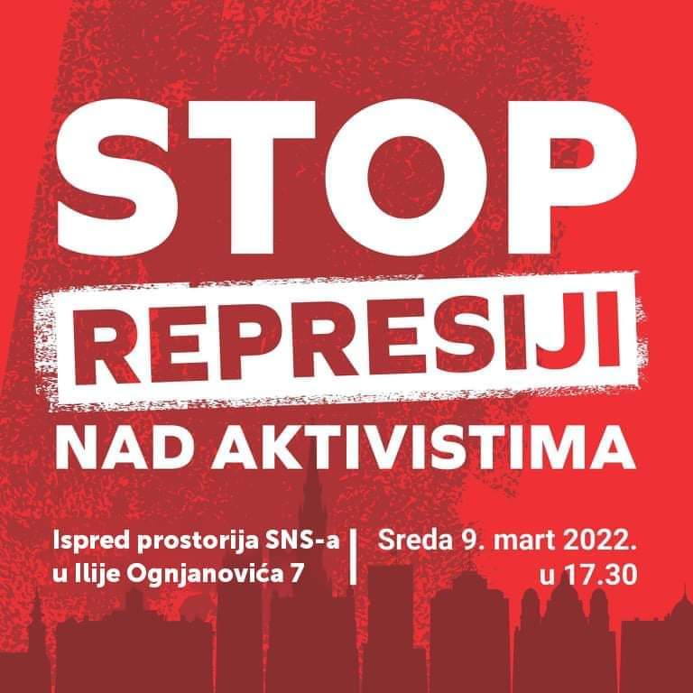 OSA_021's tweet photo. STOP REPRESIJI NAD AKTIVISTIMA!

Pozivamo sve građane, aktiviste i političke stranke iz cele Srbije da dođu u Novi Sad u sredu, 9. marta u 17.30 ispred prostorija Srpske napredne stranke u Ilije Ognjanovića 7. https://t.co/q2X929wXSq