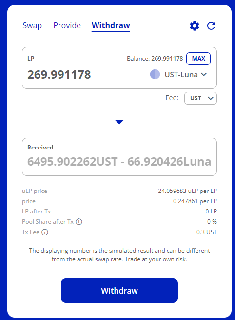 force_trading's tweet photo. @TerraLUNADaily @anchor_protocol @terra_money @astroport_fi @mirror_protocol @terraswap_io However, when withdrawing my liquidity I will receive the exact amount of LUNA as the actual price of LUNA today ($97) and the same amount of UST to make it 50/50. The realised APR is 0%??? https://t.co/pZRWTtjXDZ