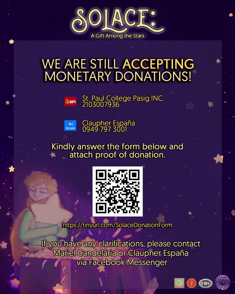 stemsolace's tweet photo. SOLACE is still accepting Monetary Donations for our chosen beneficiary: One Life Foundation! 🌼 

Check it out and reach for the stars 🌟 in showing your support. ☄️ A little goes a long way!  🎉

✏️: Ally Lagdan
🎨: Beverly Obligado

#STEMSolace2022 
#GiftAmongtheStars https://t.co/E82GqWRYU7