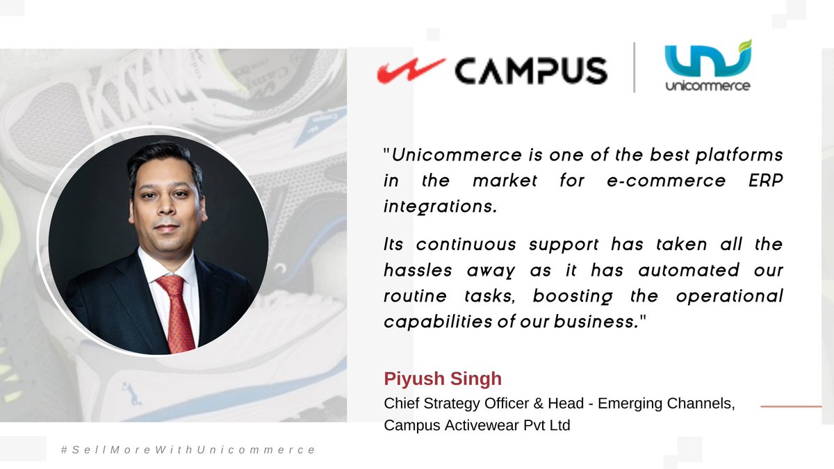 We are delighted to empower #CampusActivewear, one of the largest sports & athleisure footwear brands in India.

Take a look at what Piyush Singh, Chief Strategy Officer & Head - Emerging Channels, Campus Activewear Pvt Ltd, says about us!

#Unicommerce #Uniware #Testimonial
