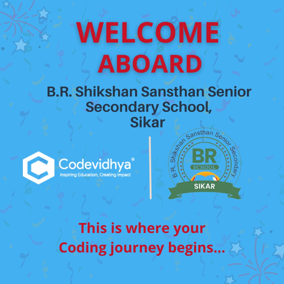 Codevidhya (@codevidhya) on Twitter photo Cheers to the new beginning!
We are delighted to collaborate with B.R. Shikshan Sansthan Senior Secondary School,
Sikar. Awaiting great experiences ahead.
Coding is the future & the future is at <a href="/Codevidhya/">Codevidhya</a>!
#codingforkids #schoolcoding #Sikar #codingisfun #collaboration Cheers to the new beginning!
We are delighted to collaborate with B.R. Shikshan Sansthan Senior Secondary School,
Sikar. Awaiting great experiences ahead.
Coding is the future & the future is at <a href="/Codevidhya/">Codevidhya</a>!
#codingforkids #schoolcoding #Sikar #codingisfun #collaboration
