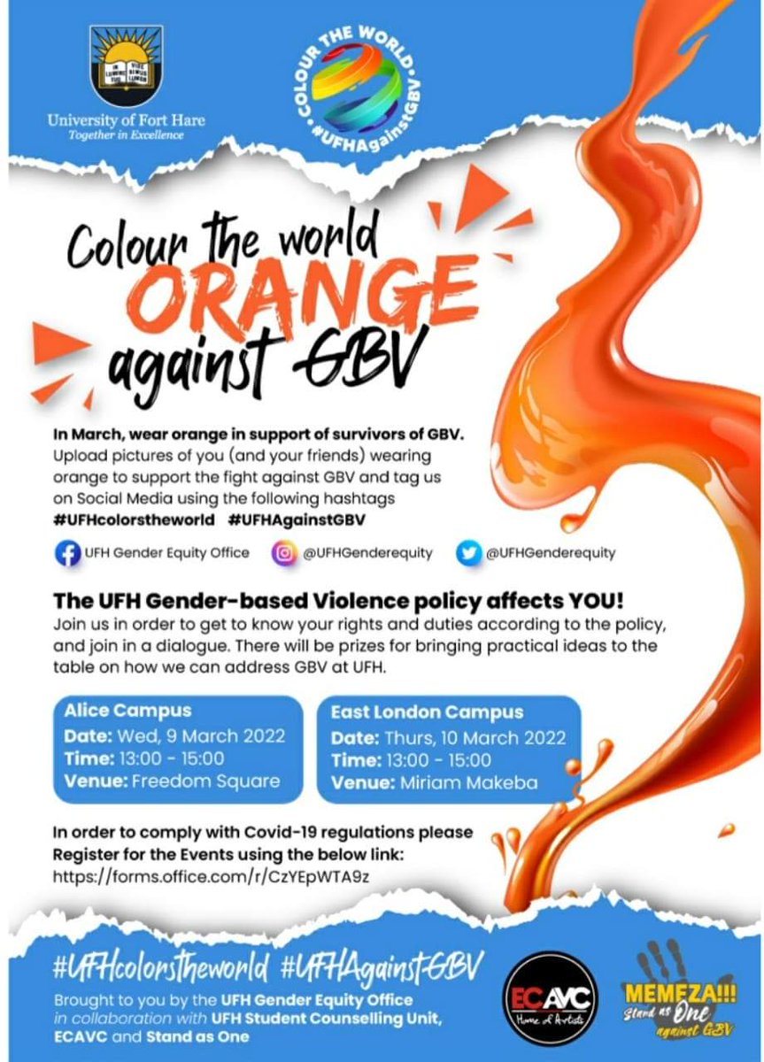 ufh1916's tweet photo. We are moments away from the hour. The  Gender Equity Office's Colour the World Orange against GBV awareness campaign kicks off today on the Alice campus and East London campus tomorrow. https://t.co/tcpdrV7yuC