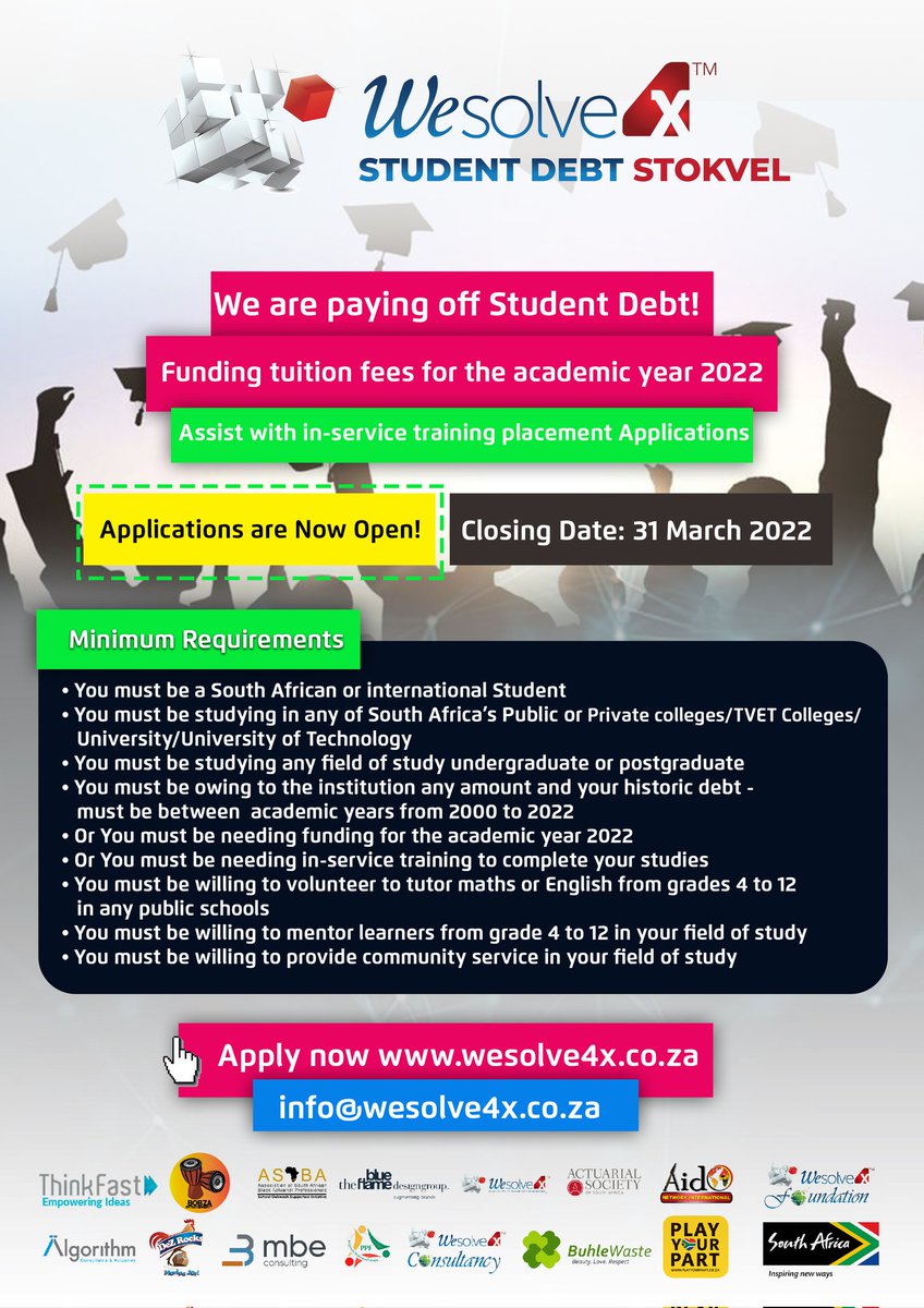 KabeloMohlah02's tweet photo. 🎓 Student Funding
📅 Closing Date 31 March 2022

Step 1️⃣
Share Your Story in a 1-min Video on how your life would change if your student debt was settled or Studies funded. Using #Wesolve4xStudentDebtStokvel and tag @WeSolve4x

Step 2️⃣
Apply Now

https://t.co/gI8Bp65dBw https://t.co/UFtgB3TD79