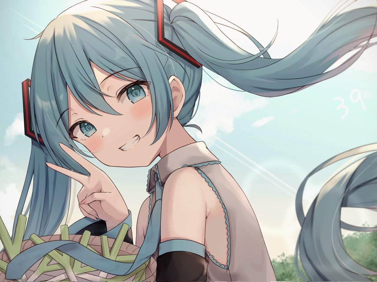 hatsune miku 1girl solo twintails long hair smile spring onion detached sleeves  illustration images
