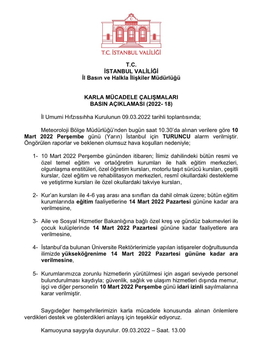 Kıymetli Hemşehrilerim,

🟧 #İstanbul’da beklenen yoğun #kar ve olumsuz hava koşullarına karşı aldığımız tedbirler:

❗️İdari izinler
❗️Okullar
❗️Üniversiteler
#KarlaMücadele

👉🏻 bit.ly/3pPSKcQ

👇🏻👇🏻