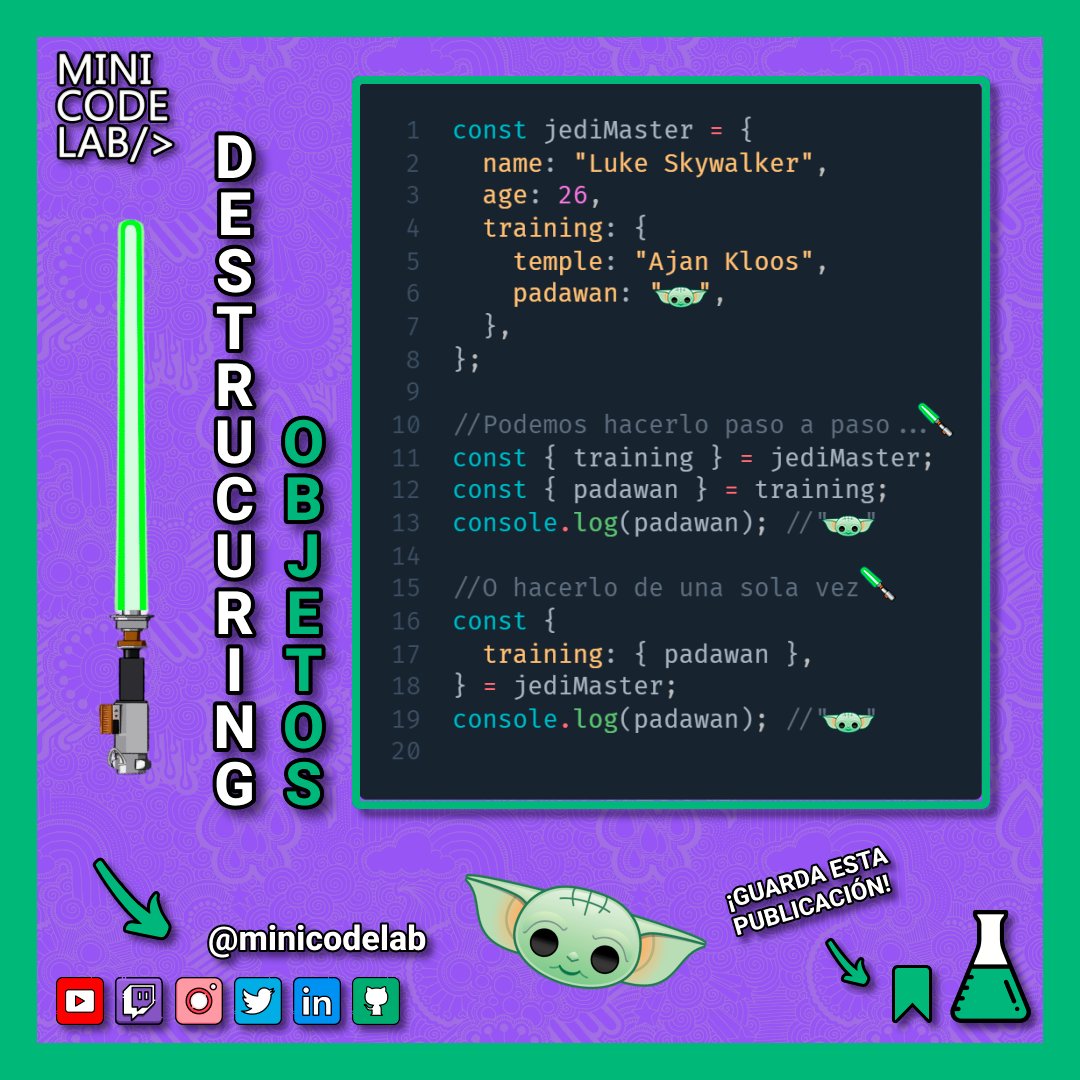 minicodelab's tweet image. ¡Buenos Días MiniCoders!
Miércoles ya es y hoy el maestro de maestros #Yoda a hacer #Destructuring enseñar os va.
¡Que la fuerza os acompañe el resto de semana!
#MiniCodeLab
¡RT & LIKE!