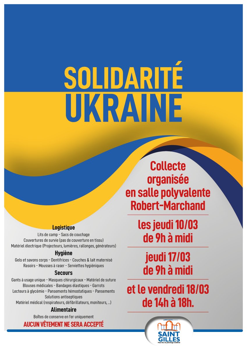 #SolidariteUkraine La ville de Saint-Gilles va faire un don de 5 000 euros en soutien au peuple ukrainien et lance une collecte 👉saint-gilles.fr/solidarite-ukr…