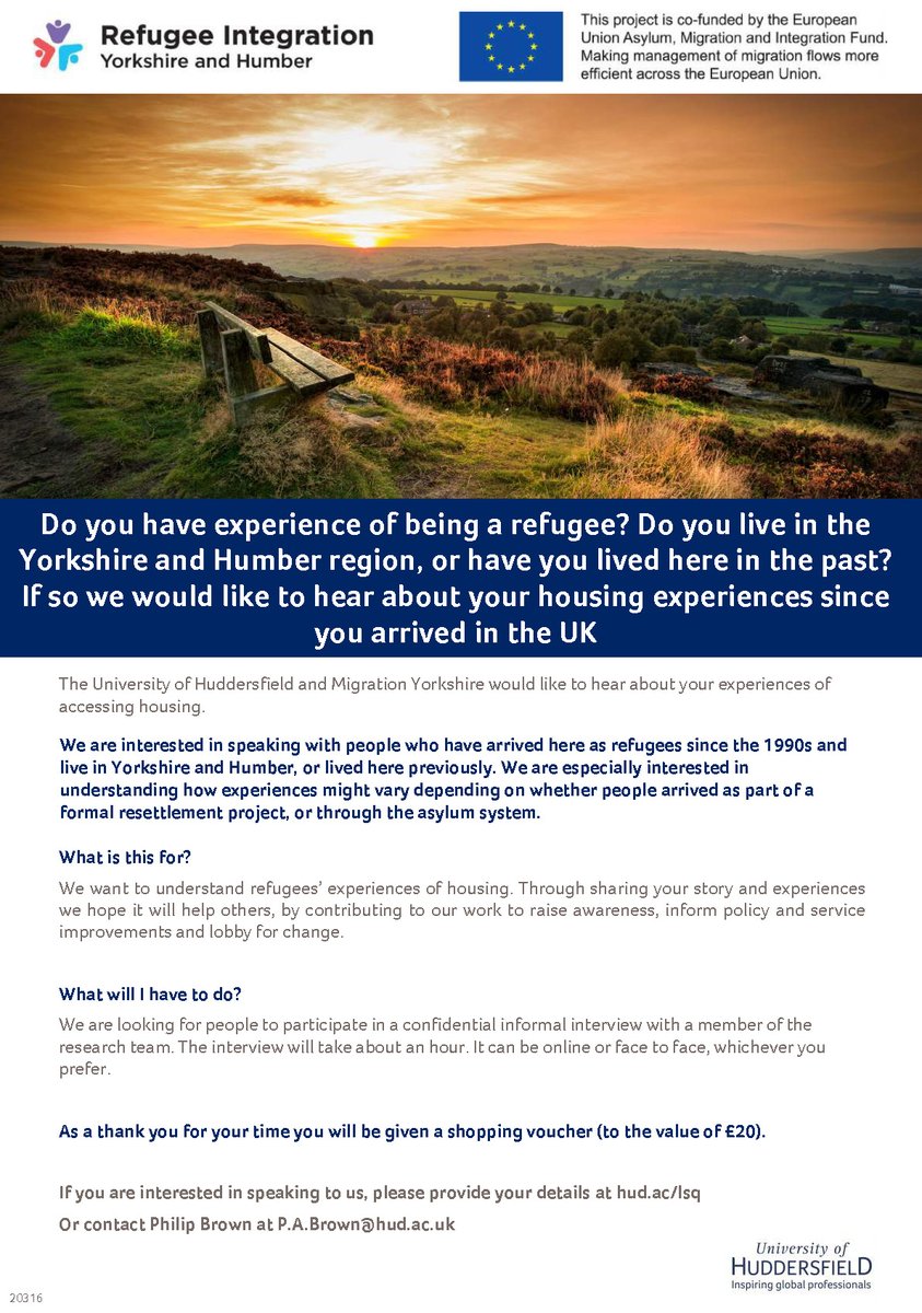 We are actively looking for people who have experience of being a #refugee over the last 30 years to take part in a research study. We want to hear about your experiences of accessing housing and living in the communities of Yorkshire. Please RT and get in touch @migrationyorks