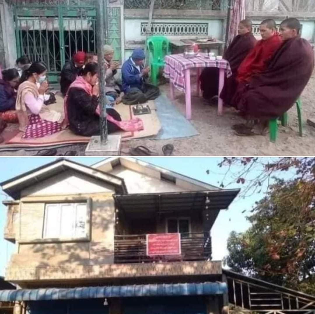 This is the photo evidence showing the funeral rite of Daw Khin Win,the mother-in-law of U Moe Makha,Taungoo Regional Parliamentarian,which was held on the side of the road since her house has been sealed-off.#2022Mar9Coup #WhatsHappeningInMyanmar