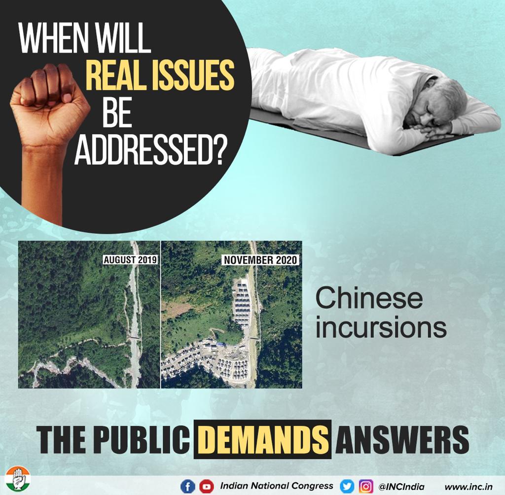 INCIndia's tweet photo. China intrudes on our land. 
China builds bridges &amp; villages on our land. 
China renames Indian territory. 

Modi govt: silent. 

The public demands answers on what Modi govt is doing to ensure our nations sovereignty and security?

#जनता_माँगे_जवाब https://t.co/adVGYGBqqi