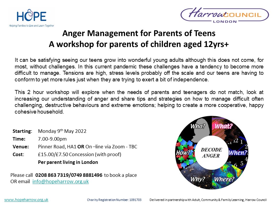 HopeHarrow1's tweet photo. 2 new workshops for May, Anger Management for Parents of Teens Monday 9th May and  Setting Limits and Boundaries Monday 23rd May . Both are 2 hr workshops and are great for Parents or Carers.
Info@hopeharrow.org.uk or call 02088637319 to book your space now. #parenting #Parents https://t.co/KrpBsUjtpC