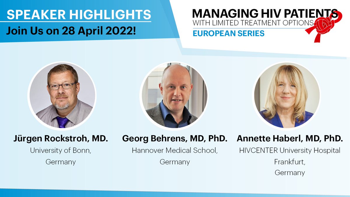 Academic Medical Education (@academic_mededu) on Twitter photo On 28 April 2022, you can join the German language ed. of the #EUSeriesMHPLT virtually to update your knowledge about people living w/#HIV & limited treatment options.
Registration fees are waived for HCPs.
Learn more >> bit.ly/3tDonr1
<a href="/JurgenRockstroh/">Jürgen Rockstroh</a> <a href="/behrens_georg/">Georg Behrens</a> On 28 April 2022, you can join the German language ed. of the #EUSeriesMHPLT virtually to update your knowledge about people living w/#HIV & limited treatment options.
Registration fees are waived for HCPs.
Learn more >> bit.ly/3tDonr1
<a href="/JurgenRockstroh/">Jürgen Rockstroh</a> <a href="/behrens_georg/">Georg Behrens</a>