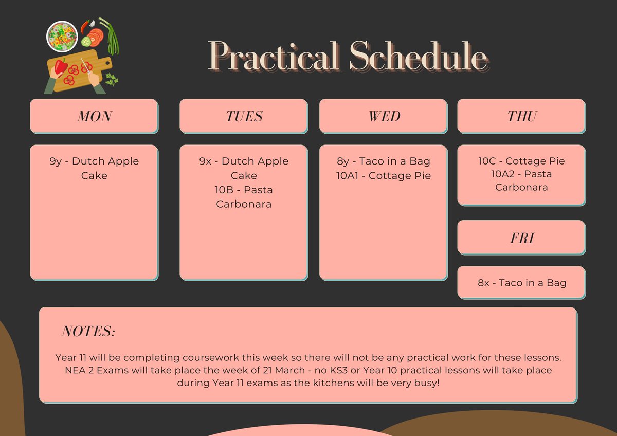 Things are staying busy in the kitchens in the coming weeks. Here's the list of Miss Thompson's practical lessons for the week of 14 March. Bring your aprons and take away boxes!