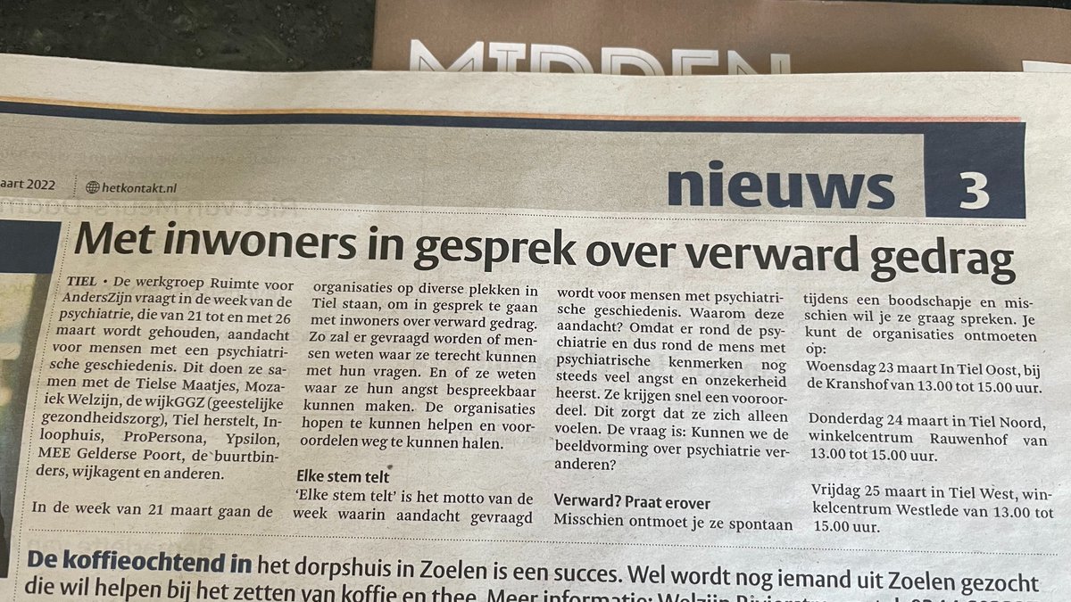 Met inwoners in gesprek over personen met verward gedrag tijdens  de week van de psychiatrie (21 t/m 26 maart). <a href="/gemTiel/">gemeente Tiel</a>; @MINDypsilon; <a href="/wijzijnmind/">MIND</a>; <a href="/MozaiekW/">Mozaiek Welzijn</a>; <a href="/PvdBTiel/">PvdB Tiel</a>; @cdatie; <a href="/pvdatiel/">PvdA Tiel</a>; @VVDTiel.