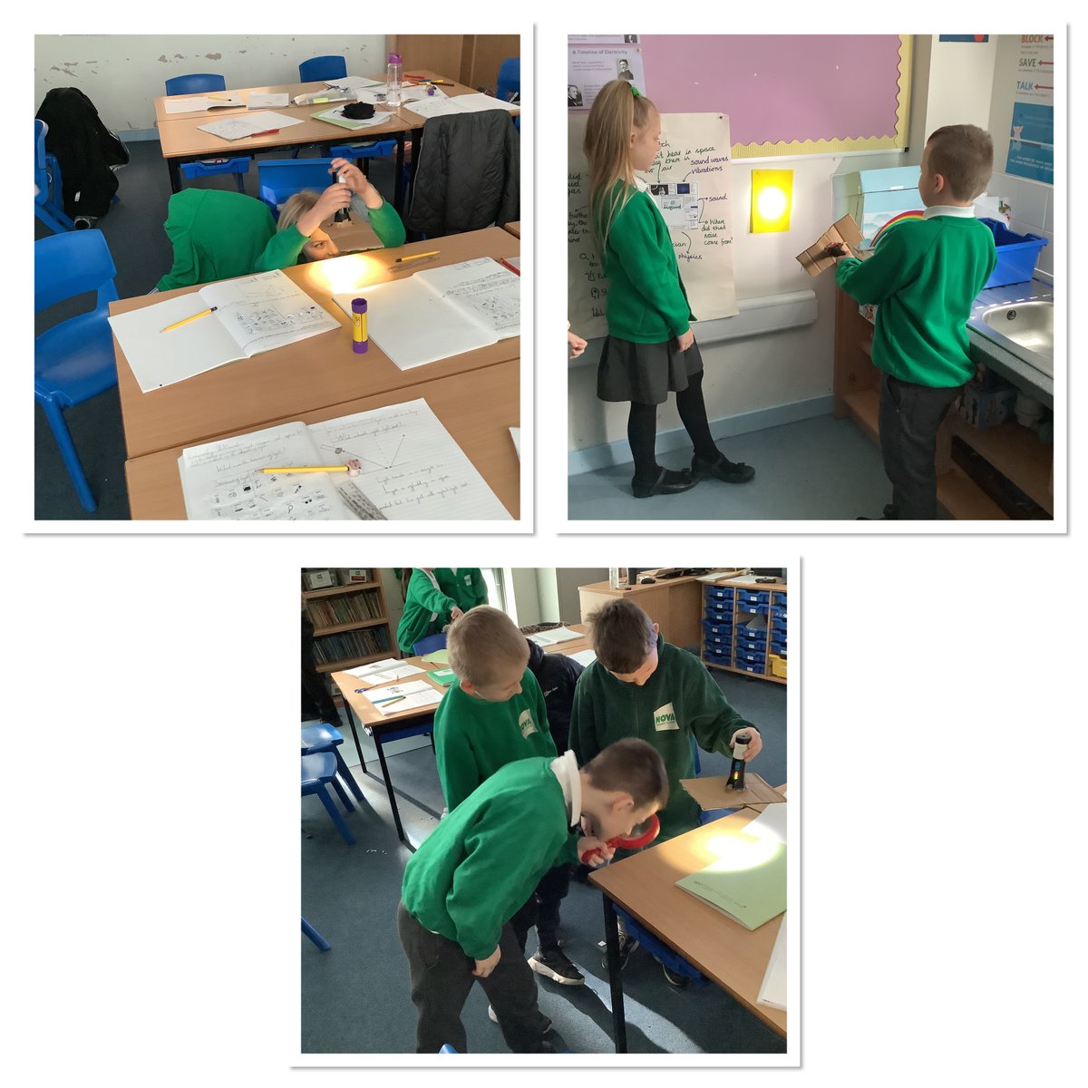 NovaPrimary's tweet photo. Year 4 have been exploring light today. As scientists, we asked the question "What materials reflect light best?"
"We discovered tin foil was a good reflector of light: it was shiny, smooth and bright!" #scientists #reflection #year4science https://t.co/dlSoL6PwAw