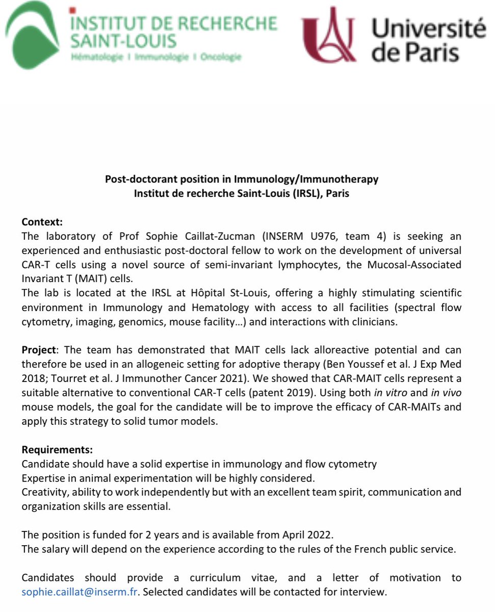 Postdoc position open at U976 HIPI to work on CAR MAIT in Pr Caillat-Zucman’s lab <a href="/HIPI_Inserm/">Laboratoire HIPI Saint-Louis</a> <a href="/FCYImmuno/">FCYI</a>