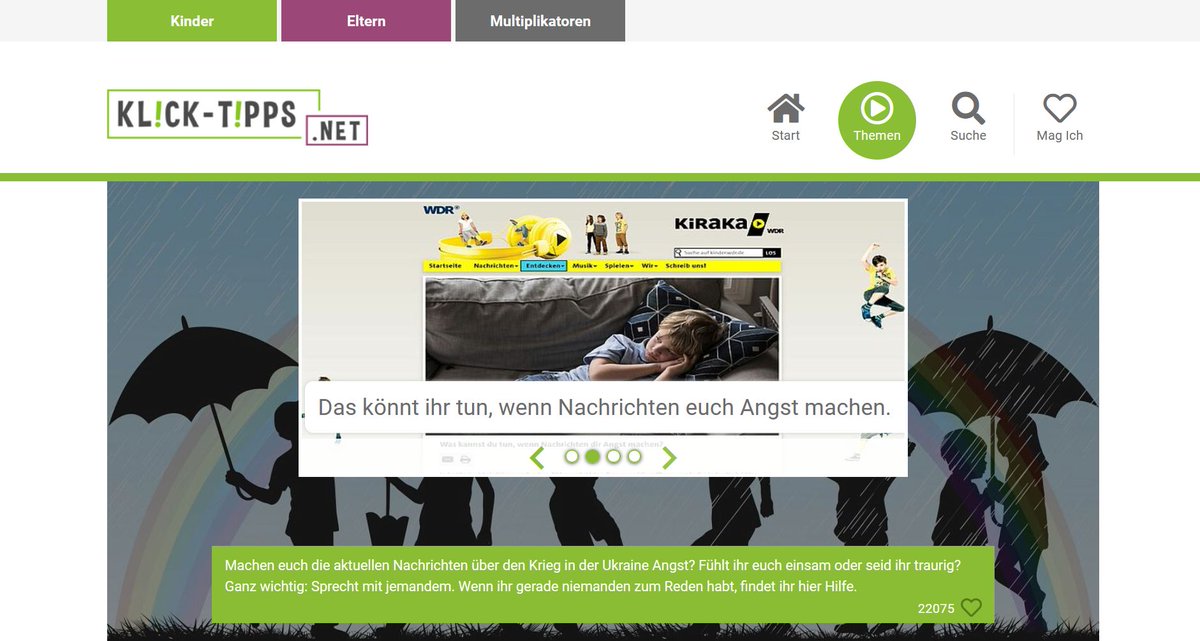 Nicht nur Erwachsene machen sich große Sorgen hinsichtlich des #Kriegs in der #Ukraine. Kinder können Bilder und Nachrichten noch schlechter einordnen. Rat und Hilfe gibt es hier: klick-tipps.net/rat-hilfe/