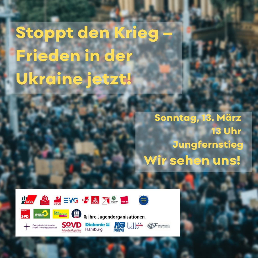 Sonntag 13 Uhr am Jungfernstieg geht es wieder für #Frieden in der #Ukraine️ auf die Straße. 💙💛 #WeStandWithUkraine #PeaceInUkraine #StopPutinNOW #PutinsKrieg