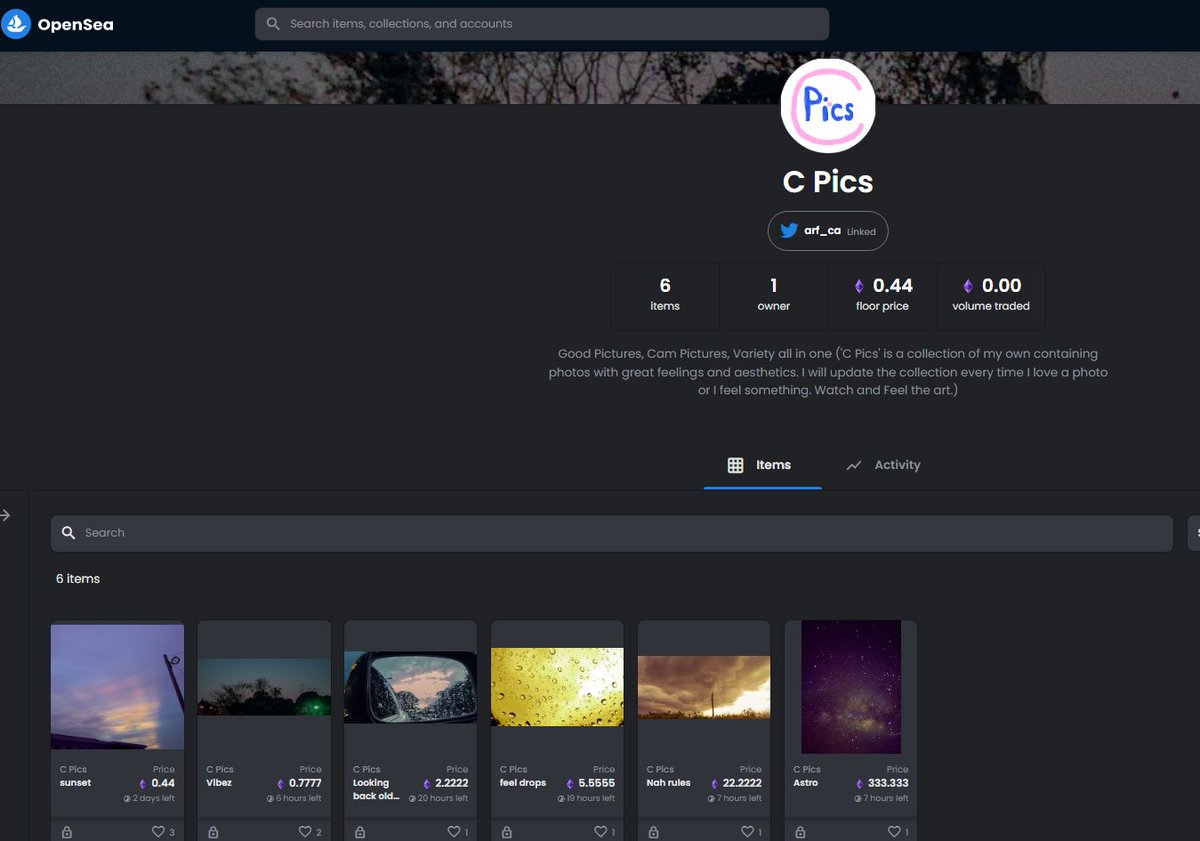 arf_ca's tweet photo. 'C Pics' is the 2nd #NFT collection I created on gas-free #PolygonNetwork on #opensea. The collection contains photos inspired and looks good like magic. You can enjoy the photos and buy at inexpensive price.
#NFTs #NFTCommumity https://t.co/rlTVtL5ACG