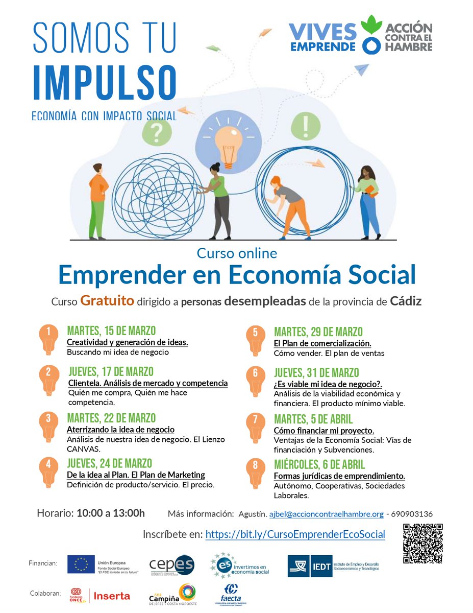 Si quieres emprender y estás en desempleo: Curso ONLINE Emprender en #EconomíaSocial. Inscríbete, es GRATUITO, bit.ly/CursoEmprender… Financia FSE <a href="/CEPES2/">CEPES</a> y  <a href="/iedtcadiz/">iedtcadiz</a> 
Plazas limitadas. Inicio el 15 de marzo. Horario: 10 a 13