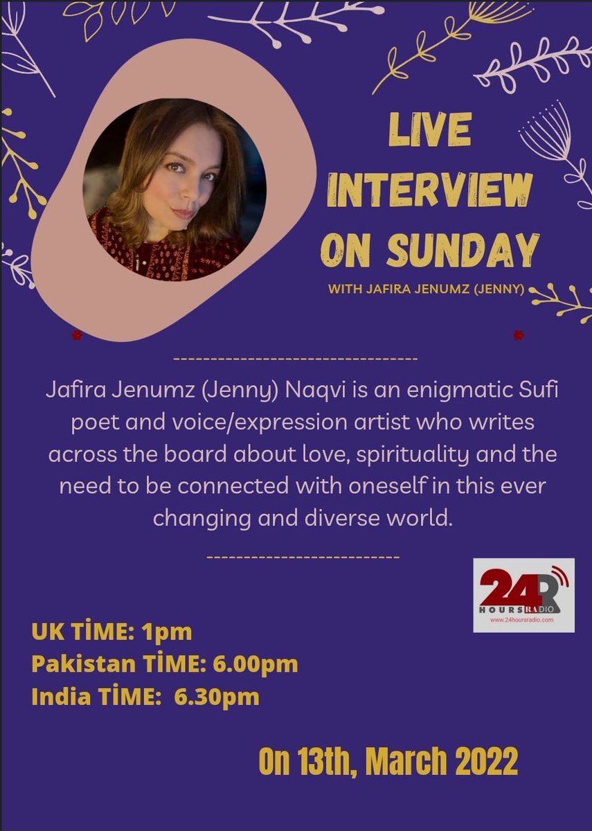 Special #LIVE interview on #Sunday with #JafiraJenumz #Jenny on #24hoursradio. A must tune in show for #Sufi #Poetry lovers.

https://t.co/1p2wpRQ9jk https://t.co/Q8LNAy0E3i
