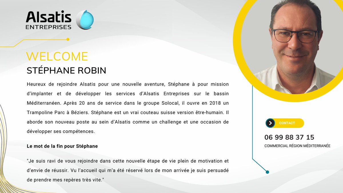 Alsatis_B2B's tweet photo. ✨ Alsatis Entreprises s'agrandit ✨

C'est avec joie que nous vous présentons Stéphane Robin, nouveau commercial région #méditerrannée !

Nous te souhaitons la bienvenue dans la famille Alsatis😉

#alsanews #telecom #numerique https://t.co/g00ALndmUT