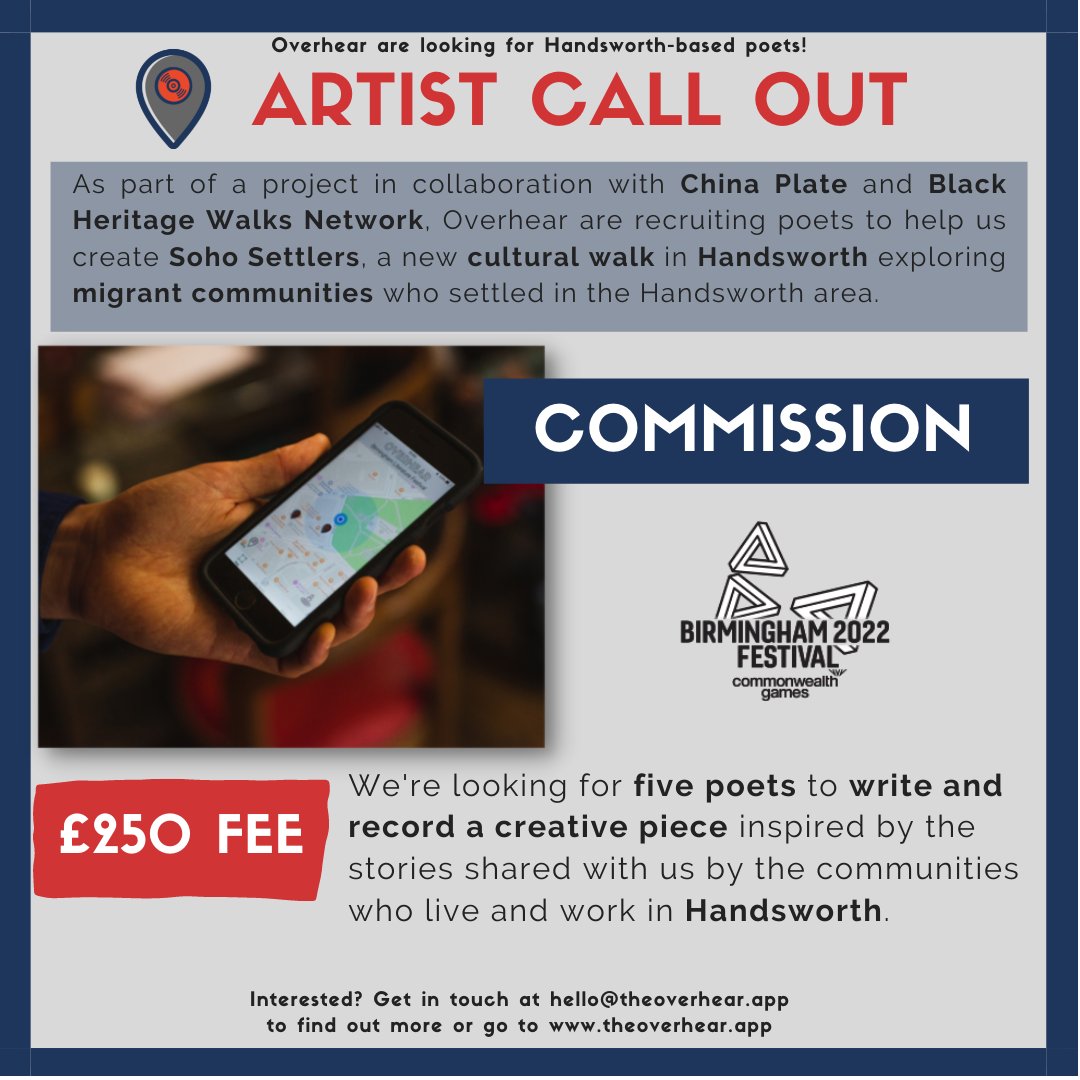 📢 Artist Call Out 🗒️
We have a paid opportunity for #Poets and #Writers in the #Handsworth Area to work on @YourOldChina's @birminghamcg22 festival project: #SohoSettlers. 
#B2022 #B2022FESTIVAL #ArtistCallOut #Birmingham #Commission.