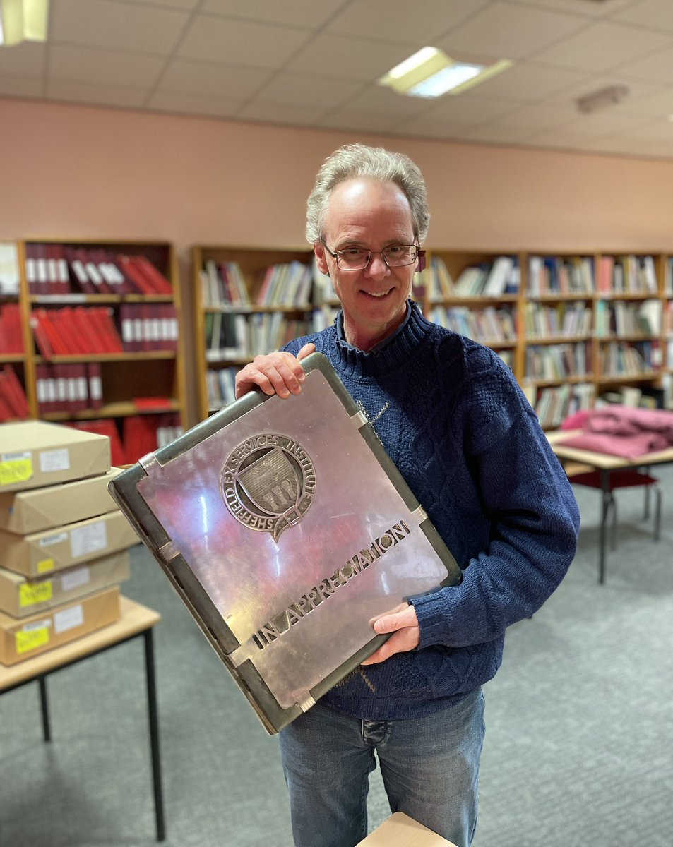 Busy morning for our archivist Robin who’s been out collecting archives. Look what he brought back! Could there be a more #Sheffield item than this? A volume encased in stainless steel 💪🏽found in a cupboard at Crookes Social Club #sheffieldissuper #exploreyourarchives 🙌🏽