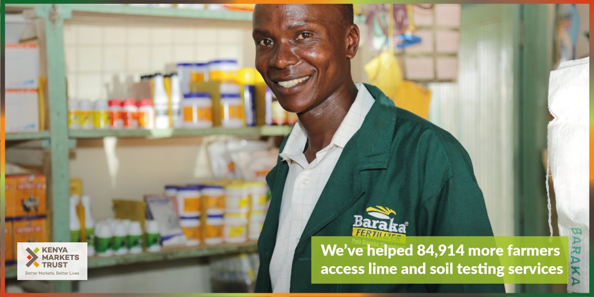 Our joy as an organization is to see our work impacting the lives of ordinary smallholder farmers. 

As of July 2019, we helped 84,914 more farmers access lime and soil testing services.

kenyamarkets.org/kmt-agri-input… 

#BetterMarketsKe #KenyaMarkets #agriculture #SmallHolderFarmers