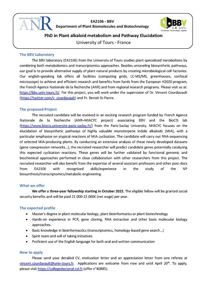 Vincent Courdavault (@v_courdavault) on Twitter photo We are opening a #PhD position in the lab for this fall.
You want to elucidate #alkaloid metabolism in periwinkle and related plants --> DM me. Please RT !
#phdopportunity #PhDposition #PlantSciJobs <a href="/AcademicAg/">AcademicAgJobs</a> We are opening a #PhD position in the lab for this fall.
You want to elucidate #alkaloid metabolism in periwinkle and related plants --> DM me. Please RT !
#phdopportunity #PhDposition #PlantSciJobs <a href="/AcademicAg/">AcademicAgJobs</a>